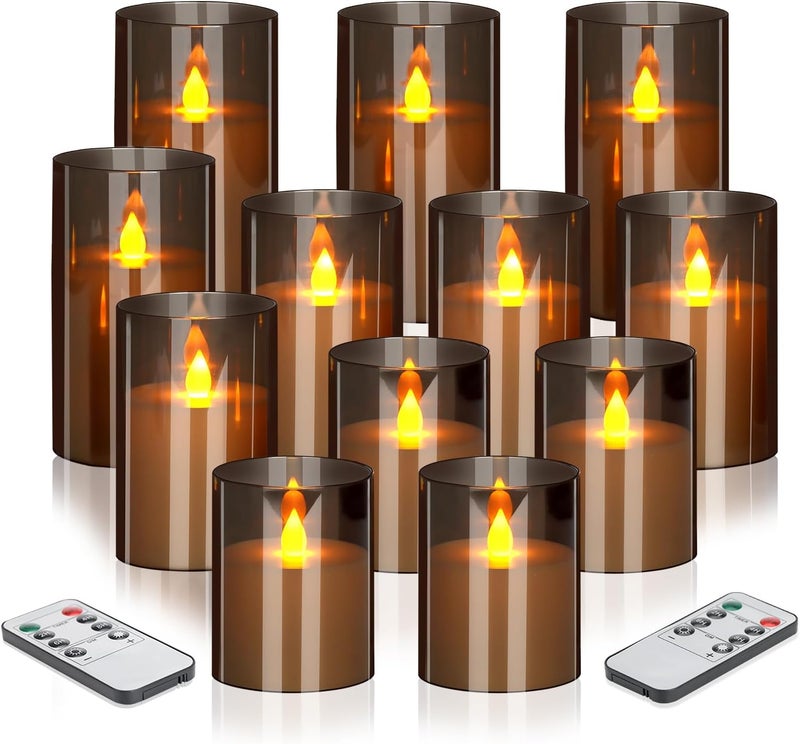 wemarry Flameless Candles 4" 5" 6" Set of 12 Acrylic Glass Pillars 3" Diameter Battery Operated Flickering Candles Include 10-Key Remote with Timer Function 400+ Hours (Gray, 12 Pack) - Image 1